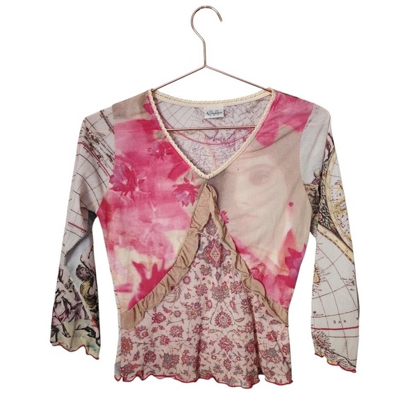 Tops - BY MAURICE Vintage Y2K Sheer Mesh Top Renaissance Map Floral Patchwork Print M